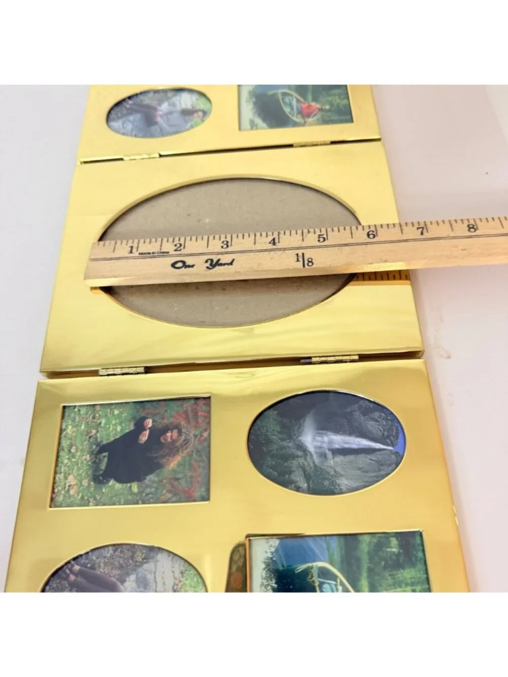 Vintage Tri Fold Picture Frame Gold Tone 80s Oval Folding Multi Photo Display